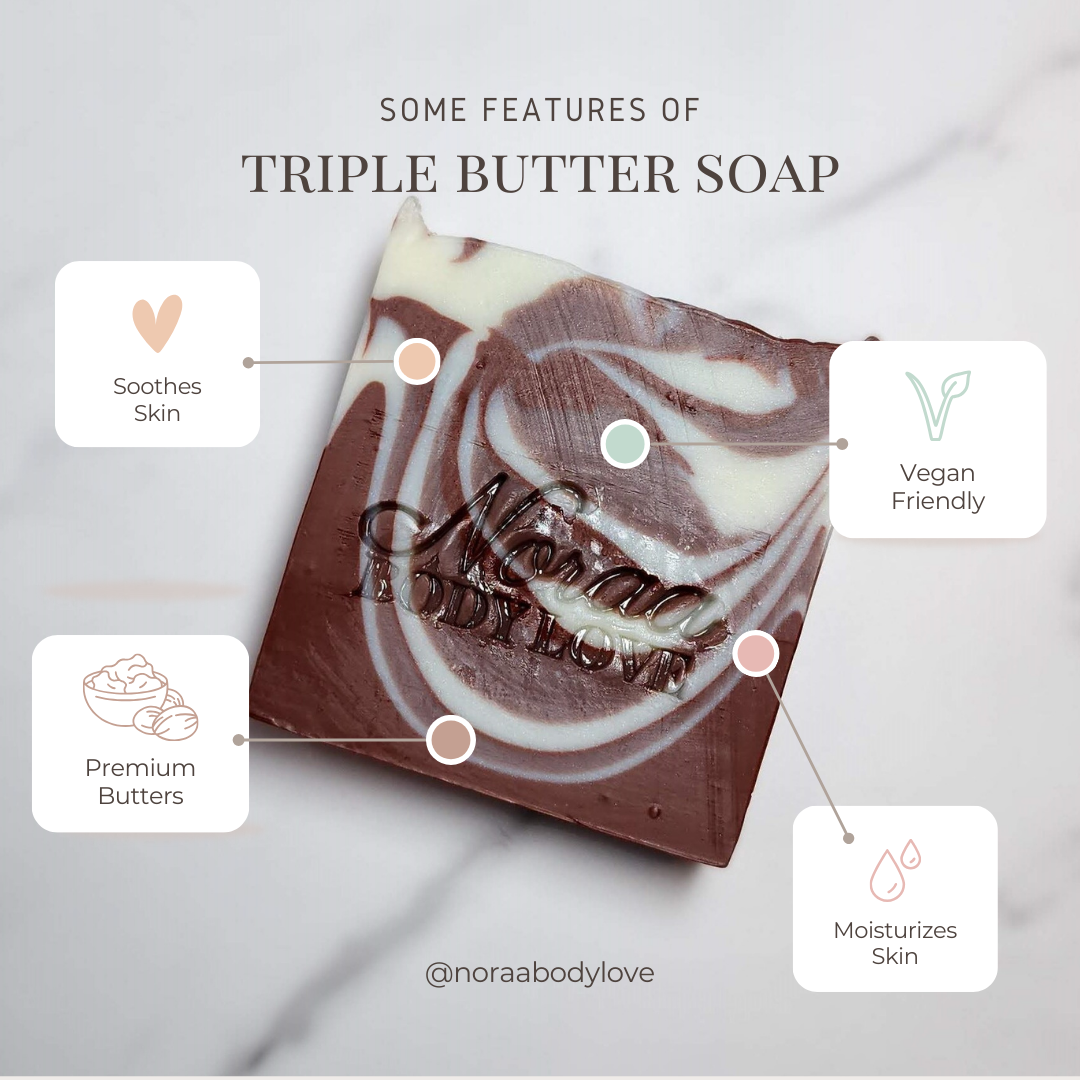 Our Triple Butter Soaps are enriched with shea, cocoa, and mango butters for a glowing, hydrated complexion.